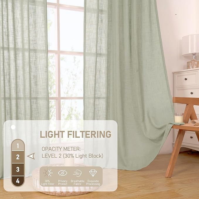 LAMIT Sage Grey Linen Boho Curtains 84 inch Length 2 Panels, Light Filtering Semi Sheer Panels Back Tab and Rod Pocket Neutral Drapes for Bedroom/Living Room, 34 x 84 Inch