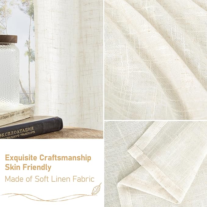LAMIT Kitchen Semi Sheer Linen Curtains 24 Inch Long, Light Filtering Panels Back Tab and Rod Pocket Neutral Drapes for Cafe/Bathroom/Small Window, Cream, 2 Panels, 34 x 24 Inch