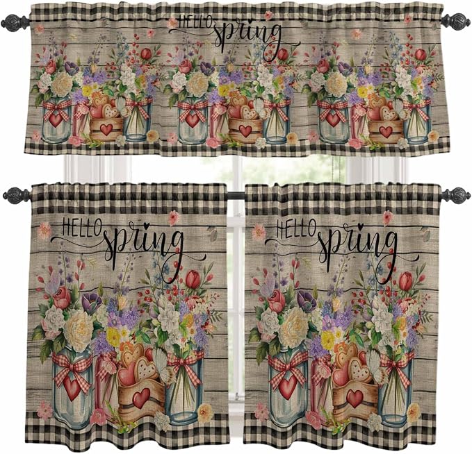 Kitchen Curtains Tiers and Valance Set of 3, Spring Flowers Light Filtering by Anzona