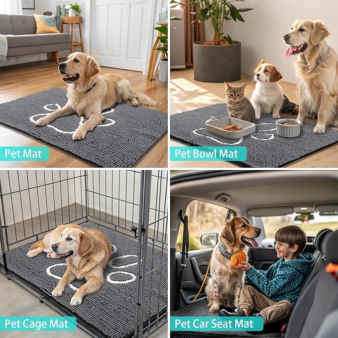 Smiry Dog Door Mat for Muddy Paws, Absorbent Dirt Trapper Non Slip Quick Dry Washable Chenille Mat for Mud Dogs, Entry Rug for Indoor and Outdoor (70x32 Inches, Dark Grey and White)