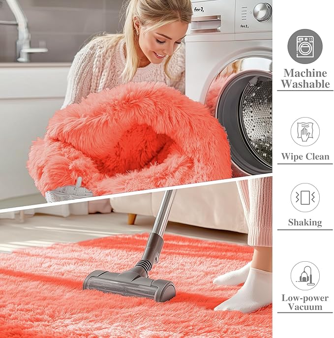 OLANLY 2x6 Machine Washable Runner Rugs for Hallway, Soft Fluffy Shaggy Bedside Rugs for Bedroom, Living Room, Indoor Floor Carpet for Kids Girls and Boys, Home Decor Aesthetic, Coral Red
