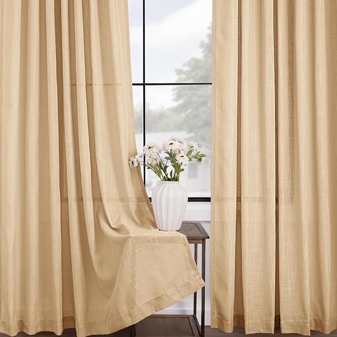 Tan Linen Curtains 108 inches Long for Living Room Back Tab Rustic Farmhouse Semi Sheer Light Filtering Window Curtain Dining Room Soft Thick Flax Linen Textured Drapes Kahki 52x108