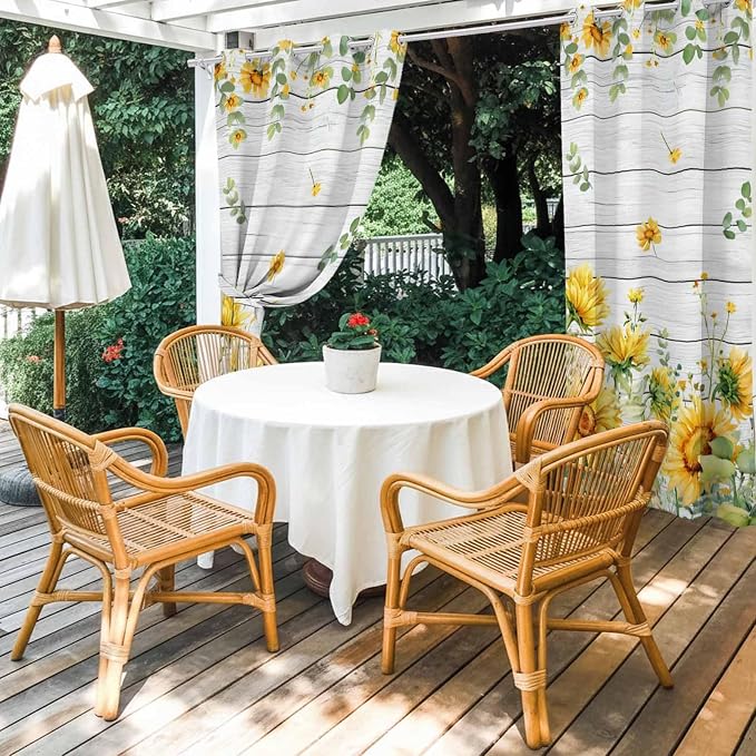 Sunflowers Outdoor Curtains for Patio Summer Floral Eucalyptus Leaf Wood Plank - Image 4