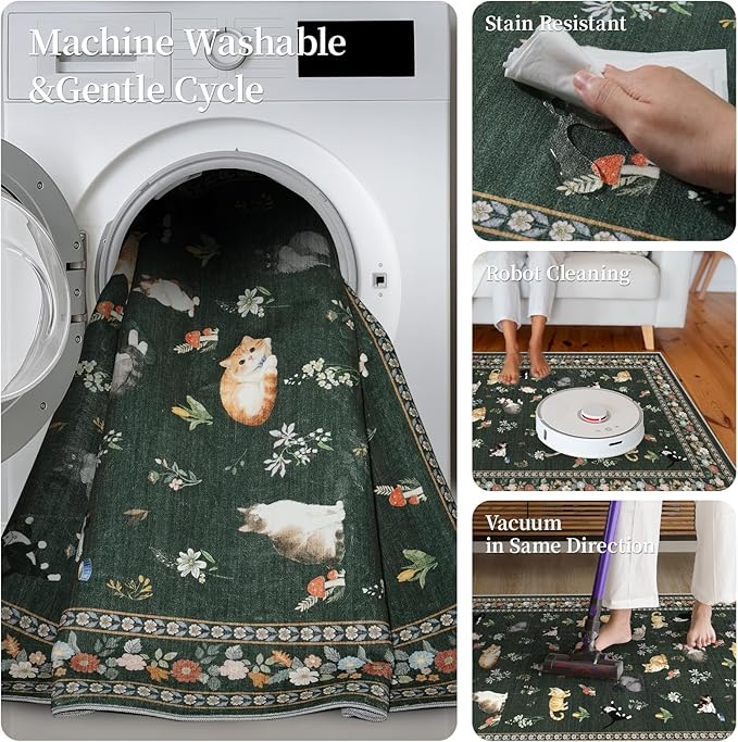 2x6 Washable Kitchen Runner Rug - Soft Low Pile Floral Animal Cat Print Rugs with Non-Slip Backing Waterproof Stain-Resistant Indoor Carpet for Hallway Entryway Bathroom Bedroom (Sage Green)