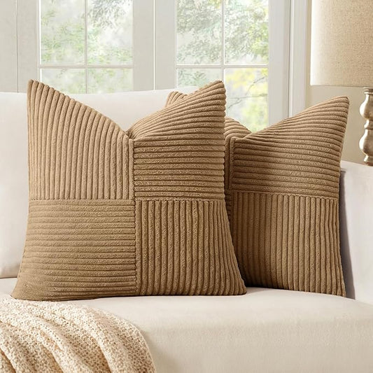 MIULEE Brown Decorative Throw Pillow Covers 18x18 Inch for Couch Bed Sofa Pack of 2 Boho Farmhouse Throw Pillows Soft Cross Corduroy Patchwork Textured Cushion Cases