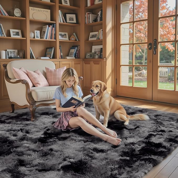 3x5 Rug, Bedside Preppy Dorm Area Rug, College Essentials Grey Small Carpets for Bedroom, Anti Slip Fluffy Gray Living Room Rugs Home Decor Aesthetic(3 x 5, Dark Grey Tie-Dyed)