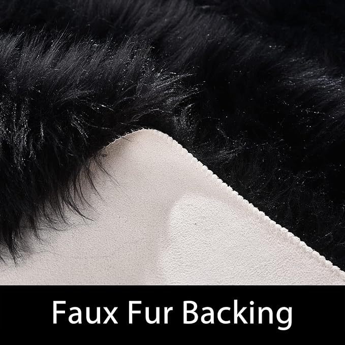 Latepis Black Round Rug 4 ft, Faux Fur Sheepskin Circle Rug for Living Room, Fluffy Washable Rug for Bedroom, Teen Room, Dorm, Cute Room Décor