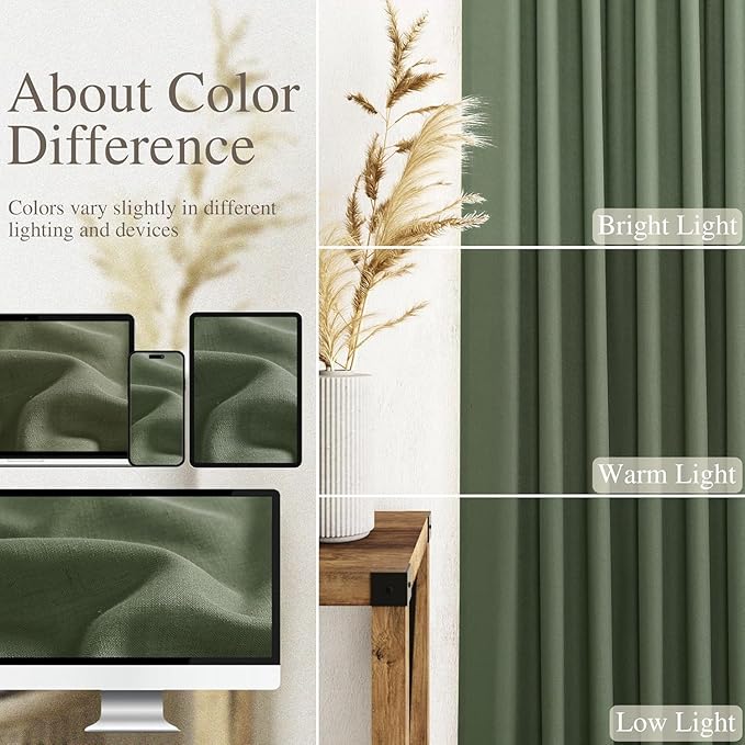 Nanspring Short Linen Curtains 36 Inch Length for Kitchen Windows Over Sink Olive Green Light Filtering Back Tab and Rod Pocket Neutral Curtains for Cafe Basement 30 x 36 Inch,2 Panels