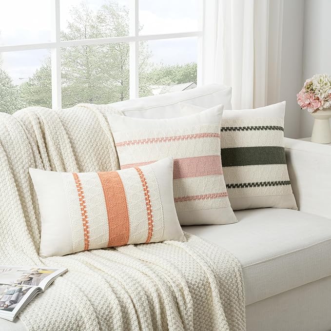 Fancy Homi Set of 1 Boho Coral Decorative Throw Pillow Cover 16x16 Inch for Couch Bed Sofa, Aesthetic Modern Organic Farmhouse Home Decor, Soft Cotton Cute Accent Macrame Woven Cushion Case