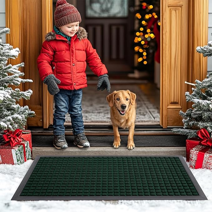 Smiry Front Door Mat Outside Entrance, Heavy Duty Natural Rubber Doormat, Non Slip, Trap Dirt and Moisture, Easy Clean, Low Profile Welcome Floor Mats for Indoor Outdoor Entry, 59x23 Inch, Black Green