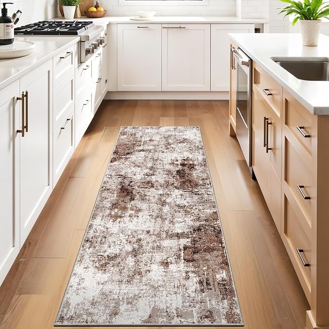 2x8 Washable Runner Rugs for Hallway: Easy-to-Clean Abstract Runners for Entryway Bedroom - Stain and Water Resistant Rugs with Non-Slip Backing - Soft Low-Pile Carpet Brown Khaki White
