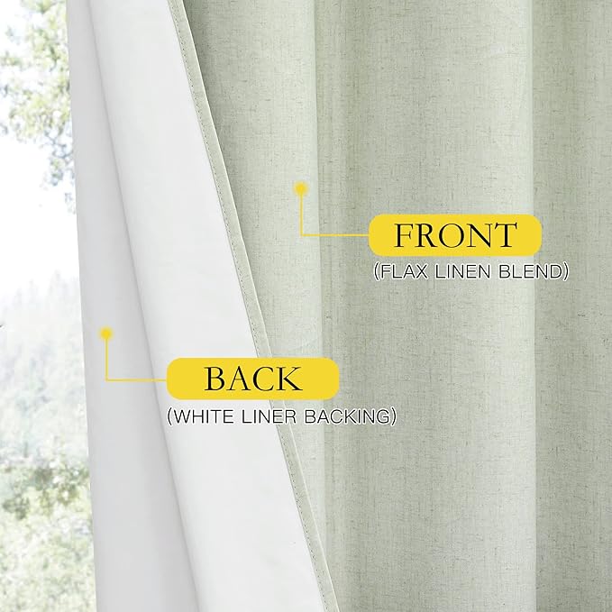 NICETOWN Sage Green High-End Thermal Flax Linen Curtains, 62" Wide Per Panel, Set of 2, Full Blackout Privacy Drapes 72" Long for Dining Room, Soundproof Window Treatment Panels for Hall Room