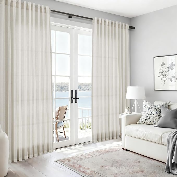 Nanspring Mousse White Linen Curtains 84 Inches Long for Living Room Light Filtering Semi Sheer Curtain Back Tab Simple Modern Elegant Luxury Coastal Decor Drapes for Bedroom Office 52x84,2 Panels