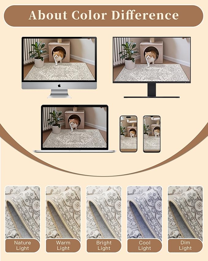 Madane 5x7 Area Rugs for Living Room, Stain Resistant Washable Rug, Non-Slip Backing Area Rug, Vintage Home Decor Rug for Bedroom (Beige/Brown, 5'x7')