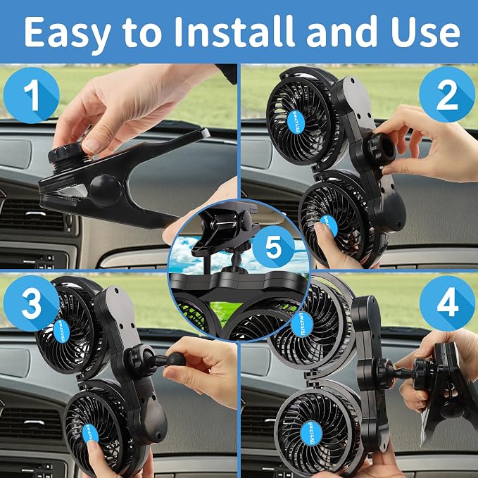 Alagoo 12V Car Fan, Adjustable 4 Inches Dual Head Car Clip Fan - Image 4
