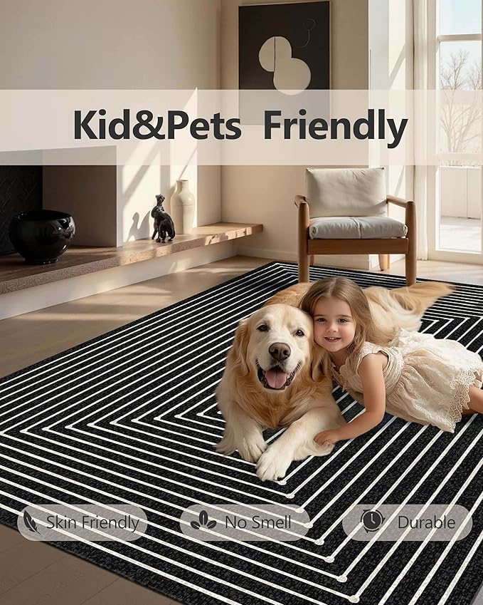 Latte&Fog 9x12 Area Rug for Living Room, Extra Large Black Modern Abstract Washable Rugs, Boho Non Slip Low Pile Carpet for Indoor Bedroom Dining Room, Office, Dorm, Classroom and Farmhouse