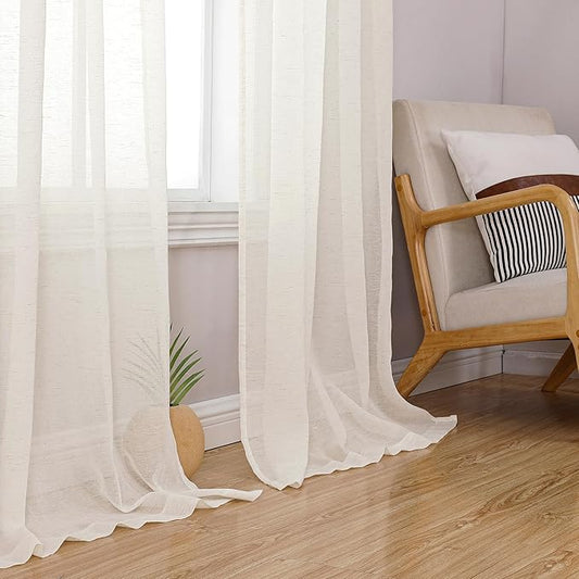 Simplebrand Natural Linen Textured Sheer Curtains 96 inches Long 2 Panels, Rod Pocket Solid Color Window Sheer Curtain Panels, Elegant Curtains & Drapes for Living Room, Bedroom (40" W x 96" L)