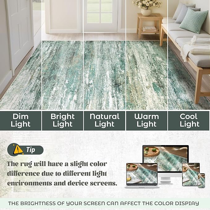 5x7 Area Rugs for Living Room, Washable Modern Abstract Large Area Rug Neutral Soft Non Slip Kids Rug Stain Resistant Indoor Carpet for Bedroom Nursery Dining Room Playroom(Green, 5'x7')