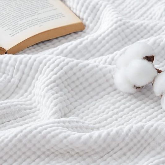 Bedsure 100% Cotton Muslin Throw Blanket Large 50x70 Inches - 4-Layer Breathable and Lightweight Thin Soft Summer Gauze Muslin Blankets for Adults, White, Boho Cotton Throw for Couch