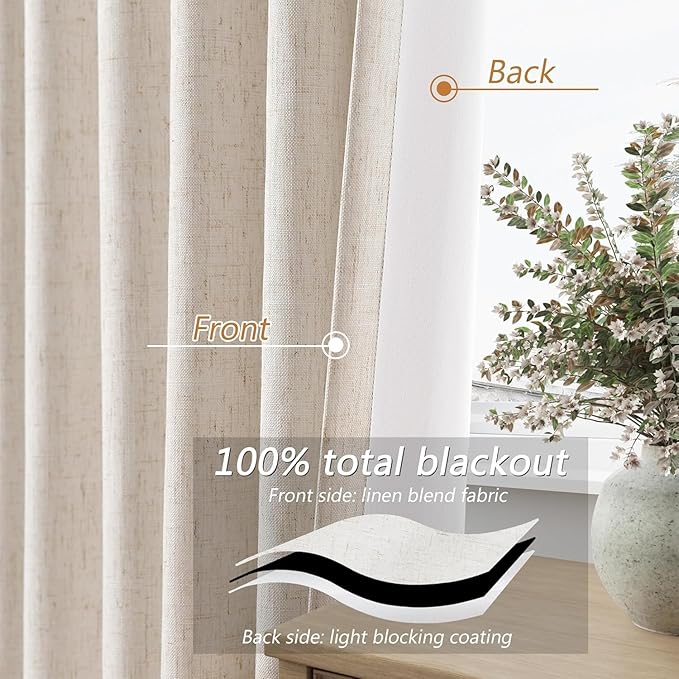 Guken 100% Blackout Curtains 40 Inch Wide by 84 Inch for Living Room Bedroom Back Tab Thermal Insulated Black Out Linen Drapes Room Darkening Window Curtains