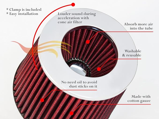 RED Rtunes Racing Universal Clamp-On Air Intake Filter Dry Washable Cone Air - Image 6