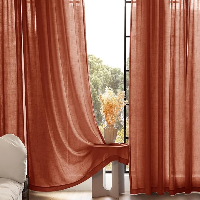 63 inch Linen Terracotta Curtains 2 Panels for Living Room Back Tab Light Filtering Semi Sheer Rust Colored Curtains 63 inches Long Soft Thick Cotton Cloth Textured Rustic Boho Farmhouse Room Decor