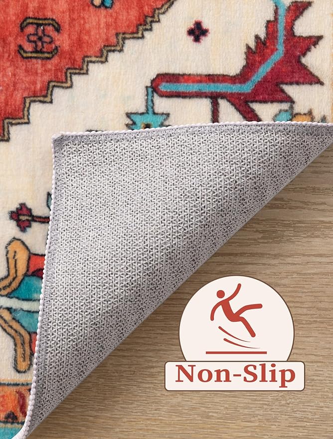 SERISSA Boho Kitchen Runner Rug, 3x7 Washable Non-Slip Runner Rug for Hallways Kitchen Rug, Ultra Soft Vintage Orange Print Distressed Tribal Floor Carpet Runner for Bedroom Entryway Laundry Room