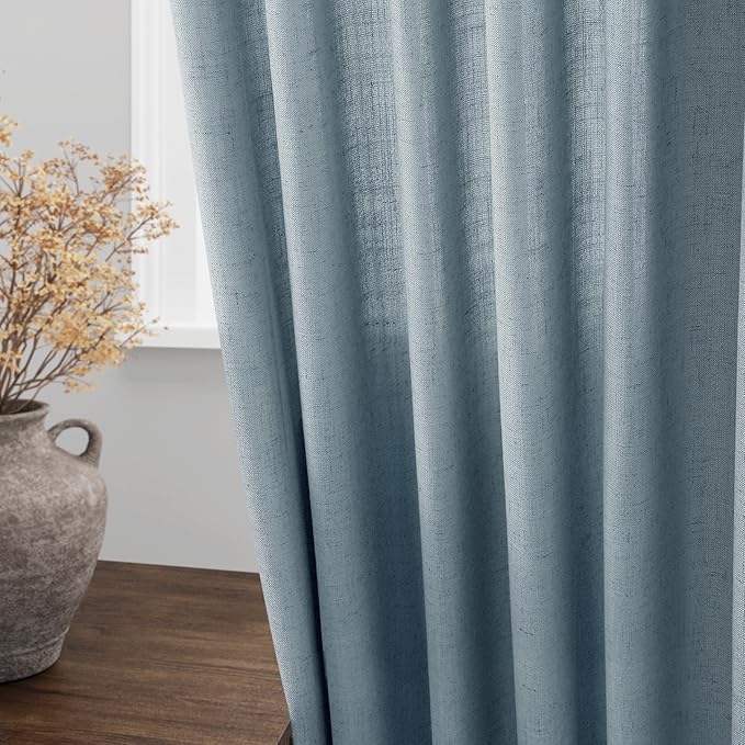 Nanspring Light Blue Linen Curtains Semi Sheer 96 Inches Long 2 Panels Set for Living Room Back Tab Rod Pocket Light Filtering Drape for Bedroom Modern Farmhouse Coastal Decor Protect Privacy 52x96.