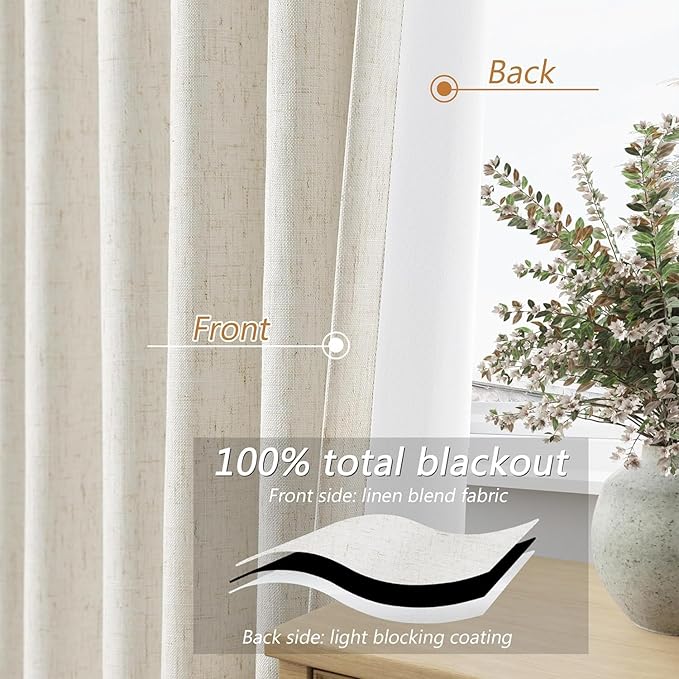 Guken Cream 100% Blackout Cream Linen Curtains 52 Inch Wide by 142 Inch 2 Panels Set for Living Room Bedroom Back Tab/Rod Pocket Thermal Insulated Black Out Drapes Room Darkening Window Curtains