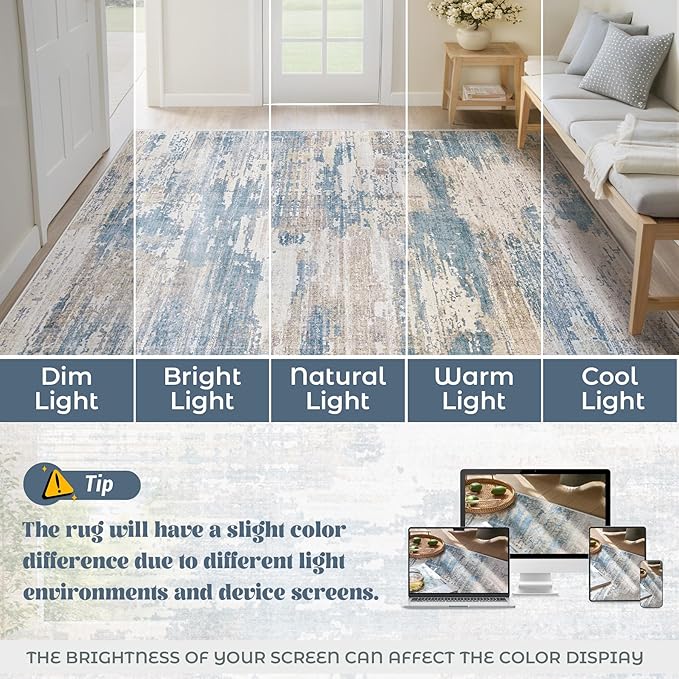 9x12 Area Rug for Living Room, Washable Modern Abstract Large Area Rug Neutral Soft Non Slip Kids Rug Stain Resistant Indoor Carpet for Bedroom Dining Room Playroom Office(BlueBeige, 9'x12')