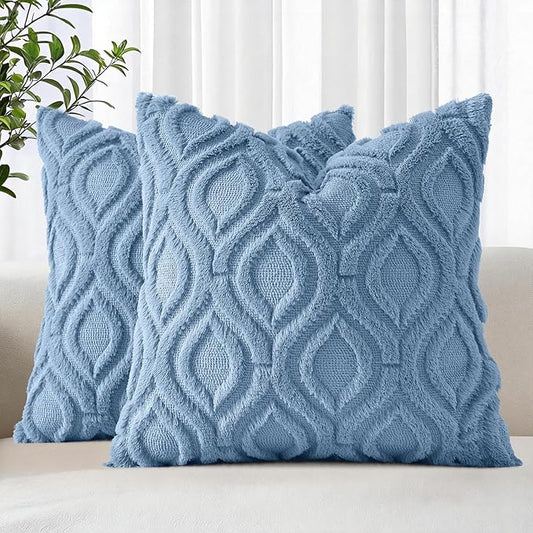 decorUhome Throw Pillow Covers 16x16 Inch Set of 2, Soft Plush Faux Wool Bluen Solid Couch Pillow Covers, Accent Farmhouse Neutral Square Pillow Cases for Sofa Bed Living Room