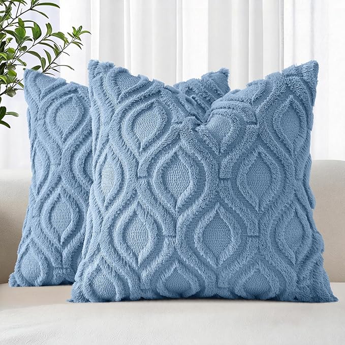decorUhome Throw Pillow Covers 24x24 Inch Set of 2, Soft Plush Faux Wool Blue Solid Couch Pillow Covers, Accent Euro Sham Farmhouse Neutral Square Pillow Cases for Sofa Bed Living Room