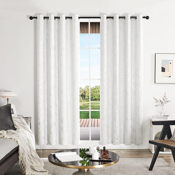 Deconovo Bedroom Curtains, Room Darkening Drapes, Thermal Insulated Soundproof Panel, Silver Tree Print, 52 x 84 Inch, Machine Washable Window Panels for Living Room Officee, Set of 2, Pure White