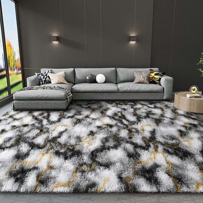 LOCHAS Ultra Soft Indoor Modern Area Rugs Fluffy Living Room Carpets for Children Bedroom Home Decor Nursery Rug 8 x10 Feet, Grey-Gold