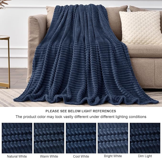 BEDELITE Fleece Blanket King Size – 3D Ribbed Jacquard Soft and Warm Decorative Fuzzy Blankets – Cozy, Fluffy, Plush Lightweight Throw Blankets for Couch, Bed, Sofa(Navy Blue, 108x90 inches)