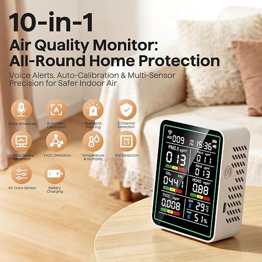 Air Quality Monitor Indoor, 10-in-1 Portable Smart Air Quality Tester - Image 2