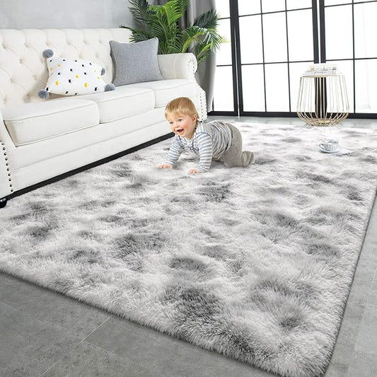 TWINNIS Super Soft Shaggy Rugs Fluffy Carpets 8x10 Feet, Indoor Modern Plush Area Rugs for Living Room Bedroom Kids Room Nursery Home Decor, Upgrade Anti-Skid Fuzzy Rug, Grey and White