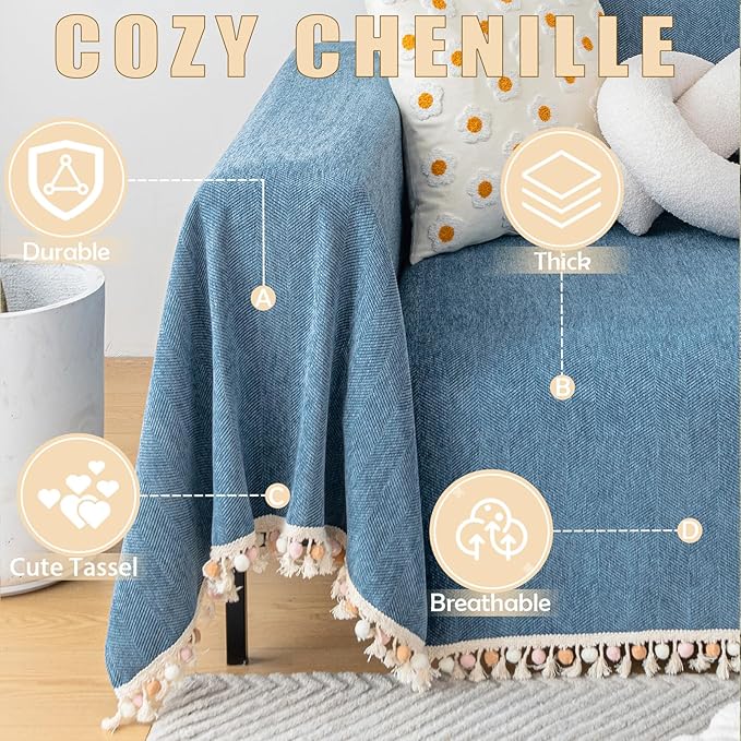 HANDONTIME Couch Slipcover Dog Sofa Covers Boho Couch Cover for Dogs Blue Sofa Throw Cover Bohemian Sofa Covers for 3 Cushion Couch Herringbone Sectional Couch Cover Slipcovers for Sofas, 91" X134"