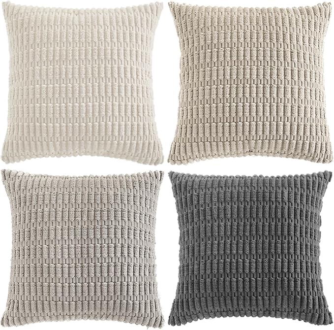 Fancy Homi Set of 4 Grey and White Boho Decorative Throw Pillow Covers 22x22 Inch for Couch Bed Sofa, Aesthetic Modern Bohemian Room Decor, Soft Fuzzy Cozy Corduroy Textured Cushion Case 55x55cm