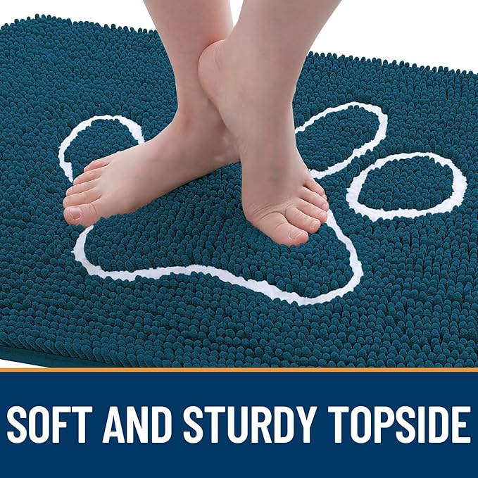 OLANLY Dog Door Mat for Muddy Paws 70x24, Paw Print Design, Absorbs Moisture and Dirt, Absorbent Non-Slip Washable Doormat, Quick Dry Chenille Mud Mat, Entry Indoor Entryway Carpet, Atlantic Blue