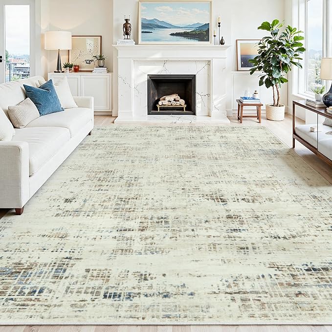 10x12 Area Rugs for Living Room Washable Rug: Anti-Skid Abstract Modern Living Room Rug Soft Thin Carpets Indoor Floor Non-Shedding Carpet for Bedroom Dining Farmhouse Nursery Gray White Blue
