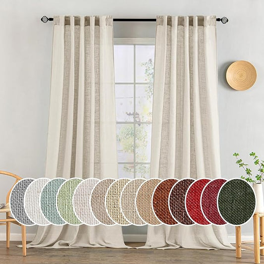 MIULEE Cream Linen Curtains 96 Inches Long 2 Panels for Bedroom Living Room, Soft Linen Textured Window Drapes Semi Sheer Light Filtering Back Tab Rod Pocket Farmhouse Modern Burlap Look Decor