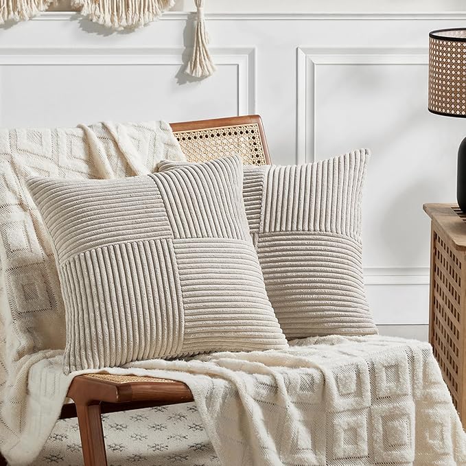 Fancy Homi 2 Packs Neutral Taupe Samll Decorative Throw Pillow Covers 12x12 Inch with for Couch Bed Sofa, Rustic Farmhouse Boho Home Decor, Soft Corss Patchwork Corduroy Square Cushion Case 30x30 cm