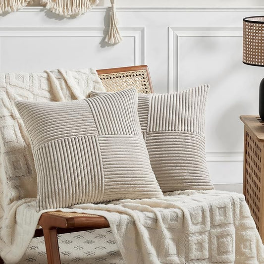 Fancy Homi 2 Packs Neutral Taupe Samll Decorative Throw Pillow Covers 12x12 Inch with for Couch Bed Sofa, Rustic Farmhouse Boho Home Decor, Soft Corss Patchwork Corduroy Square Cushion Case 30x30 cm