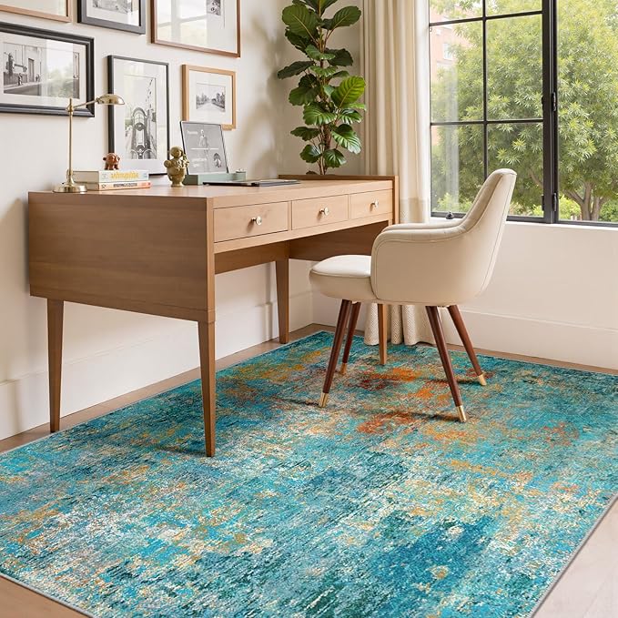 Washable Area Rugs 9'x12' Non-Slip Modern Abstract Soft for Living Room Entryway Bedroom Nursery, Print Pattern, Teal Blue Green Orange Rust Red Coloreful