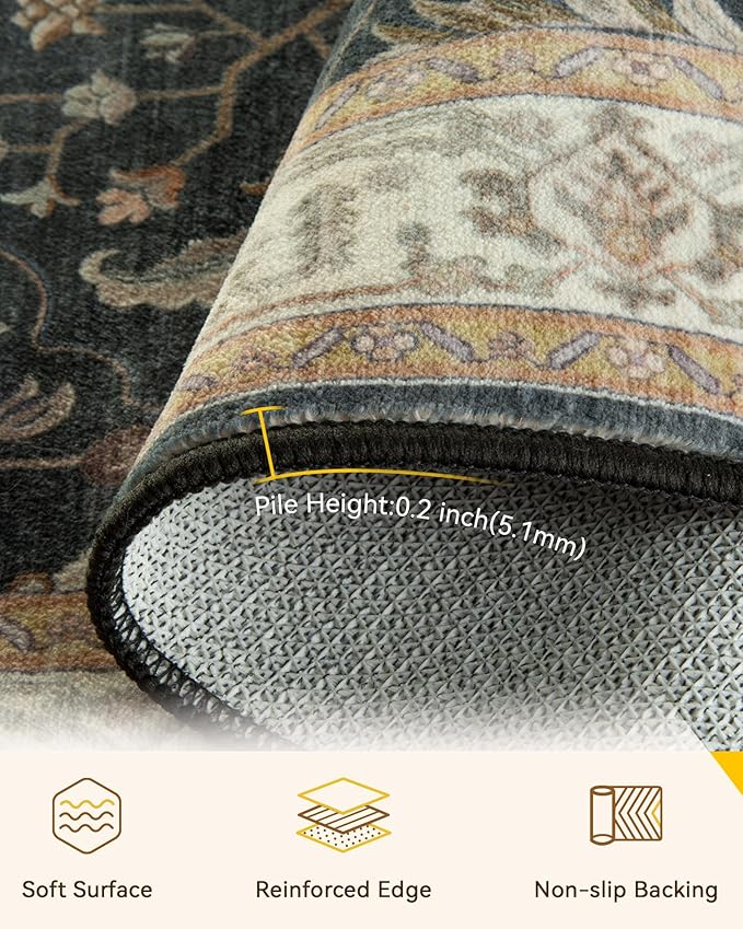 Area Rugs 5'x7' Washable Non-Slip, Floral Vintage Distress Print Pattern Medallion Carpet for Living Room Bedroom Dining Room, Vintage Black Brown Neutral