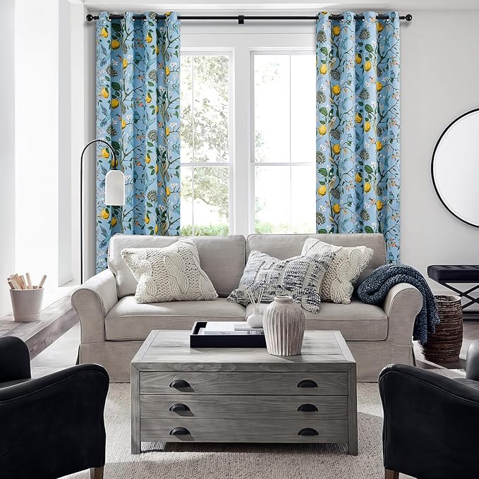 Topfinel Kitchen Curtains 45 Inch Length Blue Vintage Blackout Curtains for Cafe Kitchen, Short Grommet Luxury Whimsical Floral Hummingbird Patterned 45 Inches Long for Living Room Bedroom