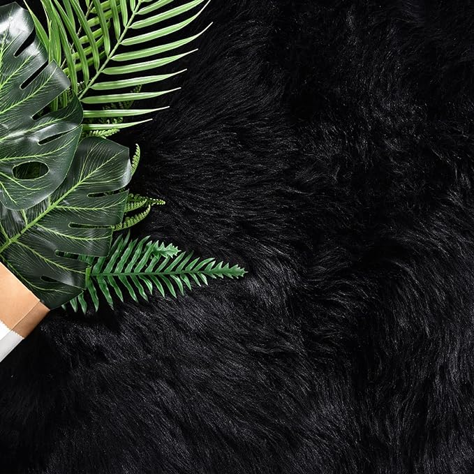 Latepis Black Rug for Living Room Faux Fur 5x6.7 Fluffy Rug Washable Sheepskin Rugs for Bedroom Bedside Dorm Luxury Home Décor, Rectangle