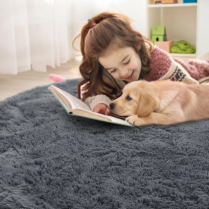 OLANLY Grey Round Rugs for Bedroom - Machine Washable, 4 ft Circle Area Rugs for Living Room, Soft and Fluffy Shaggy Carpet for Teen Girls and Boys, Nursery Rooms, Dorms, Home Decor Aesthetic