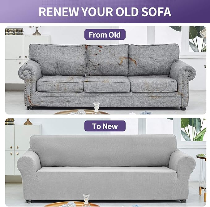 Joccun Stretch Couch Cover Slipcovers, 1-Piece Sofa Covers for 3 Cushion Couch Spandex Jacquard Washable Furniture Protector Cover for Living Room,Kids,Pets(Sofa,Silver)